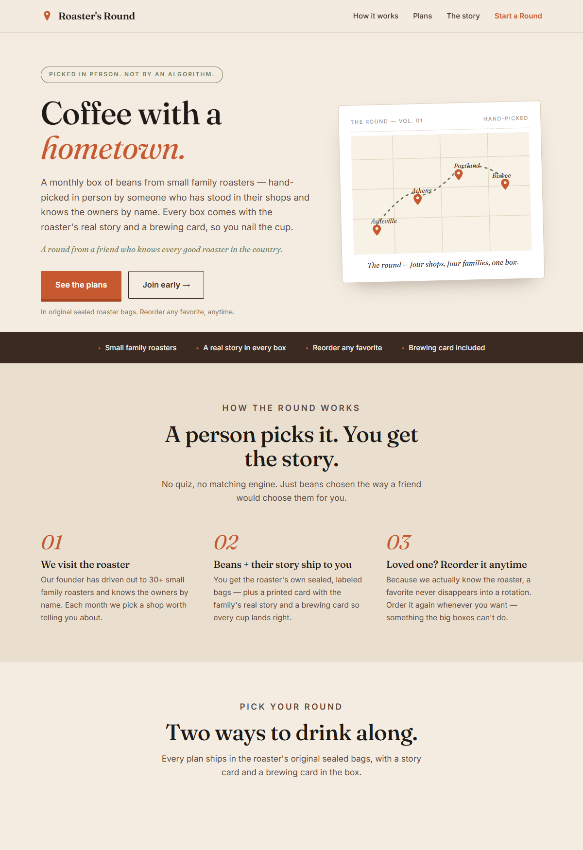 Roaster's Round — a coffee subscription website Sole's AI built from one sentence in 24 minutes